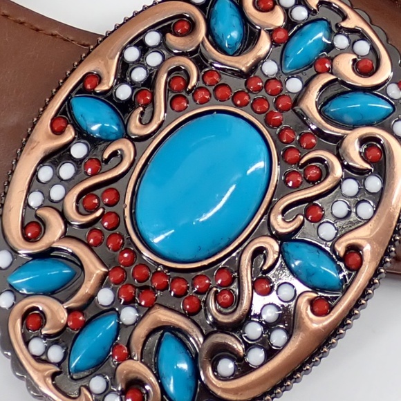 Southwestern Style Turquoise Blue Coral Red Copper Belt Buckle Brown Stretch XL - Picture 5 of 15